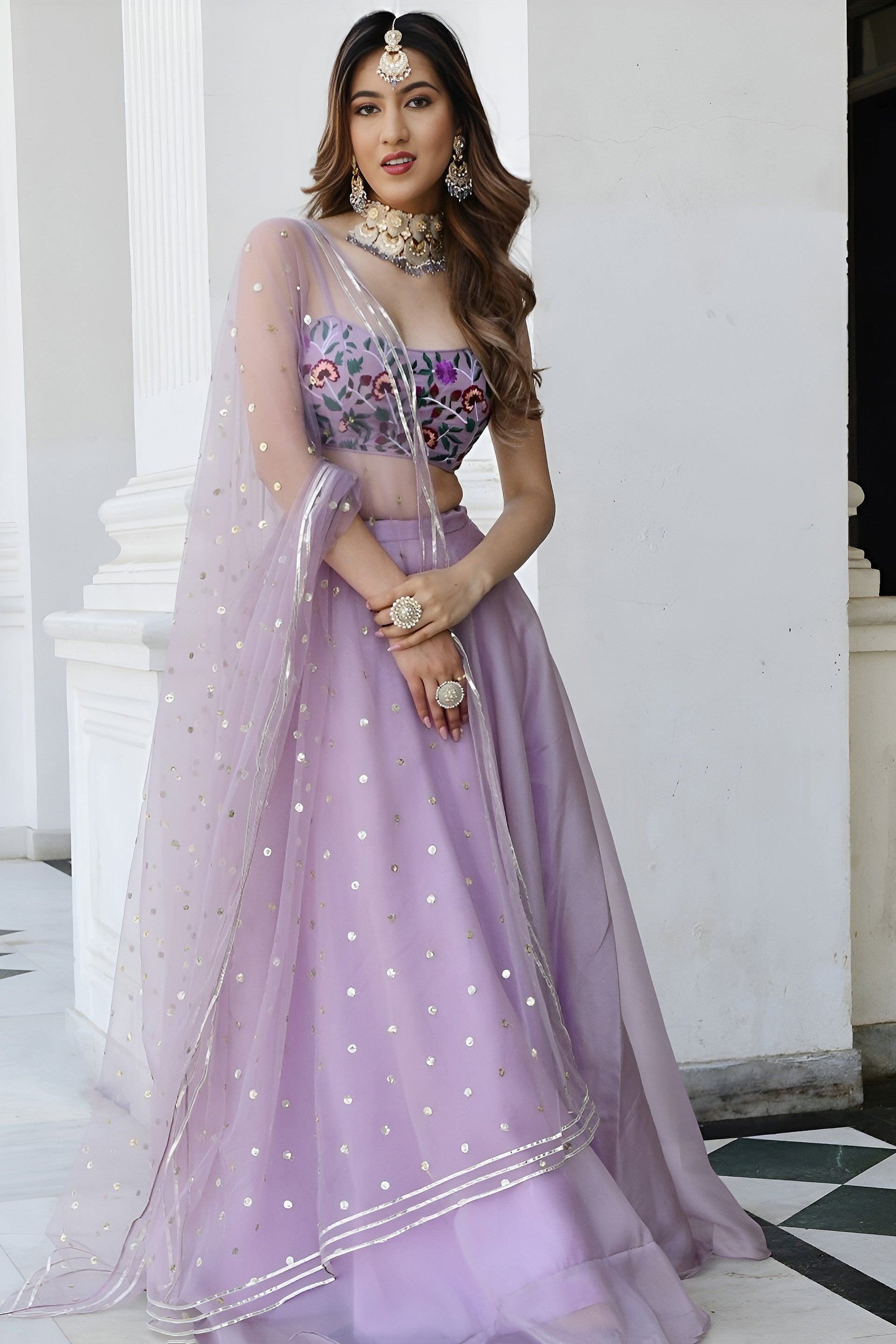 Lavender Organza Silk Engagement Lehenga Choli with Gota Patti & Resham Work