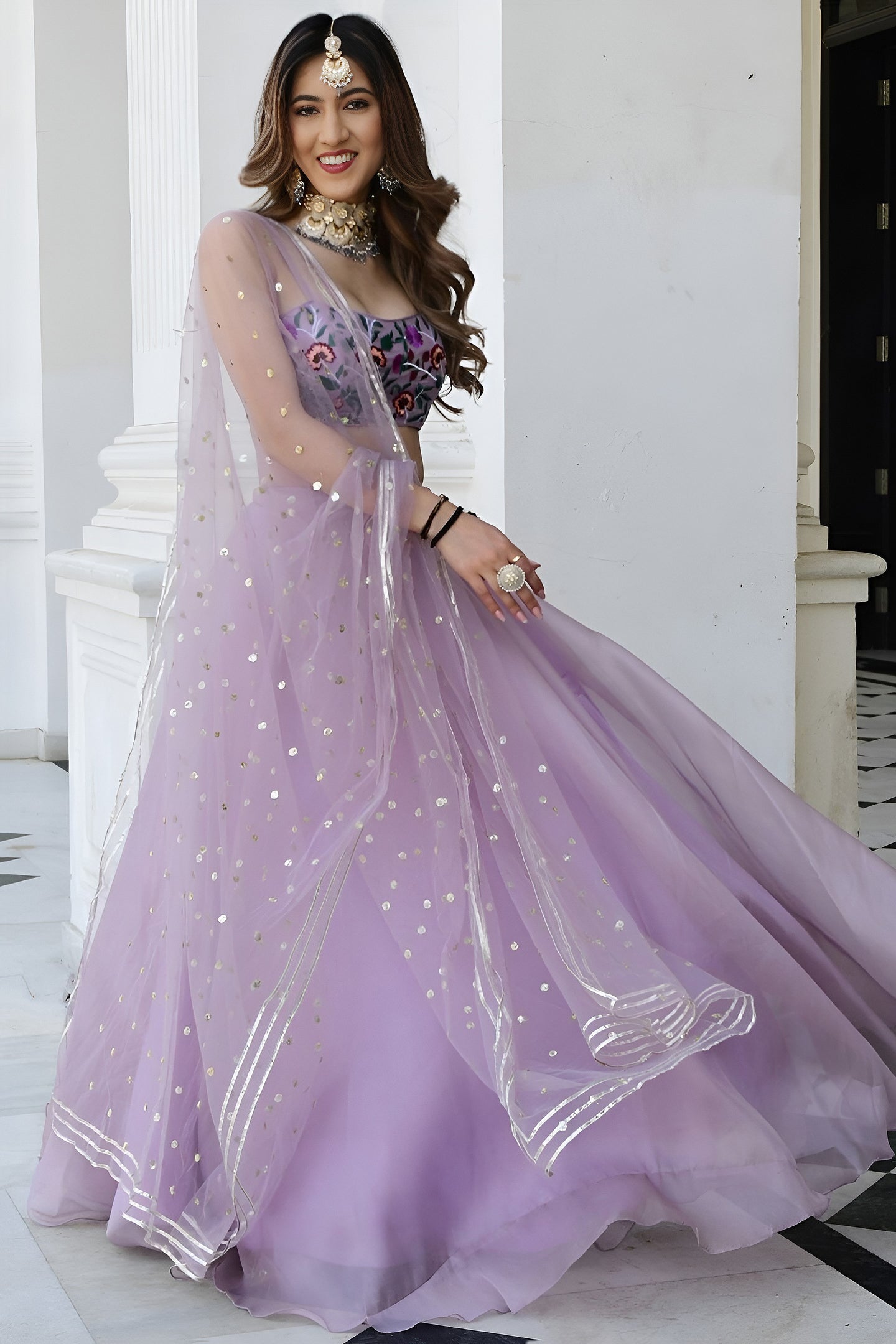 Lavender Organza Silk Engagement Lehenga Choli with Gota Patti & Resham Work