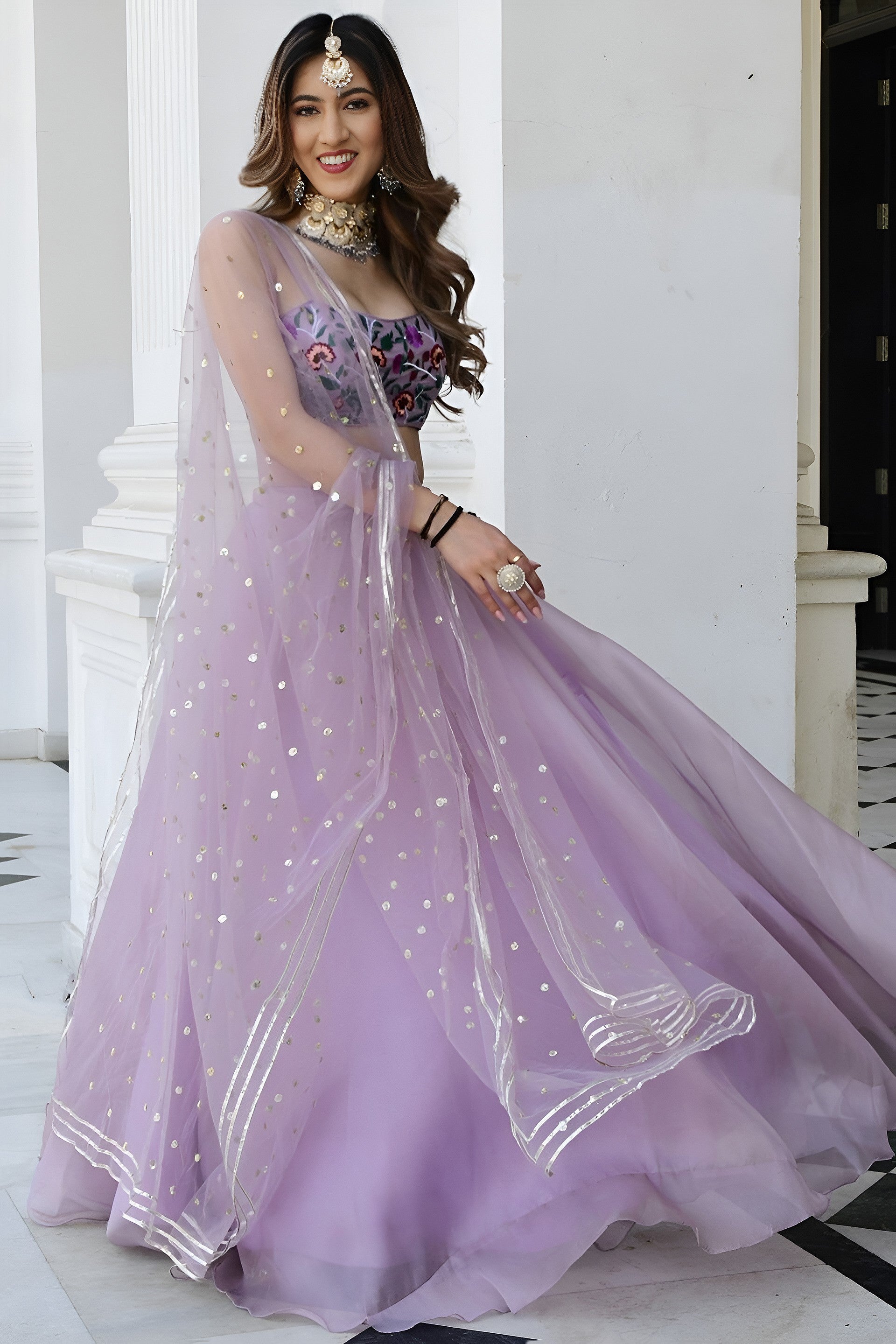 Lavender Organza Silk Engagement Lehenga Choli with Gota Patti & Resham Work