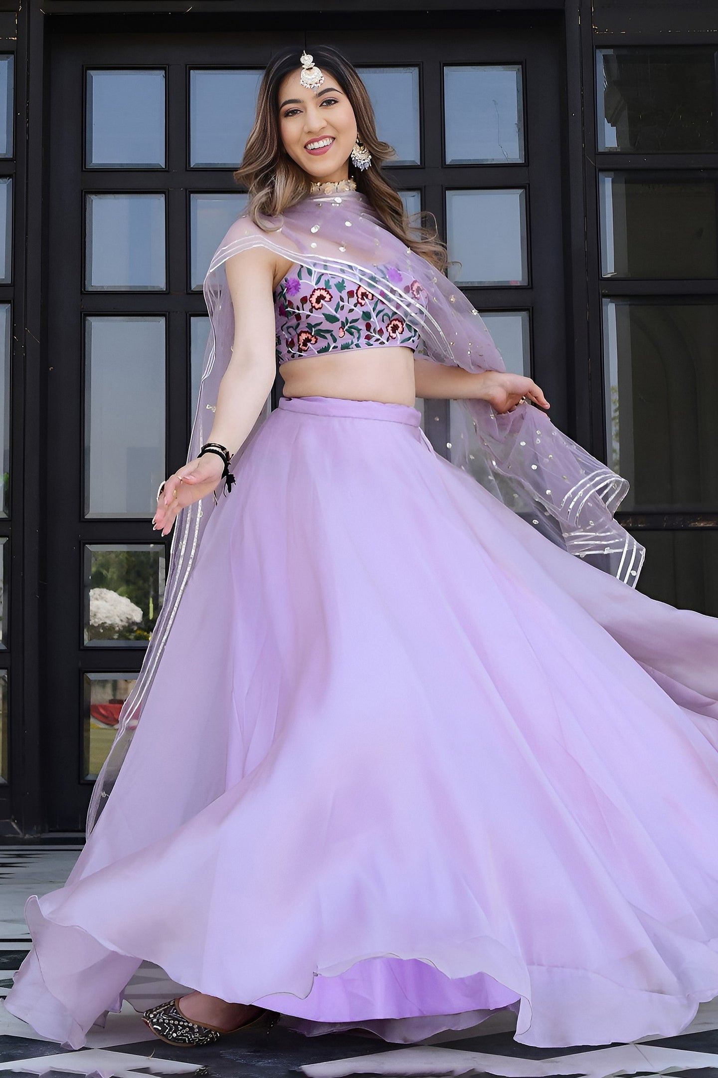Lavender Organza Silk Engagement Lehenga Choli with Gota Patti & Resham Work