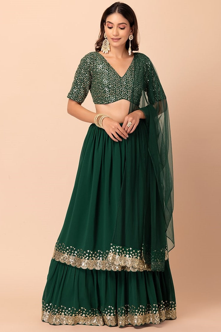 Bottle Green Georgette Ghagra Choli for Women with Zari Work