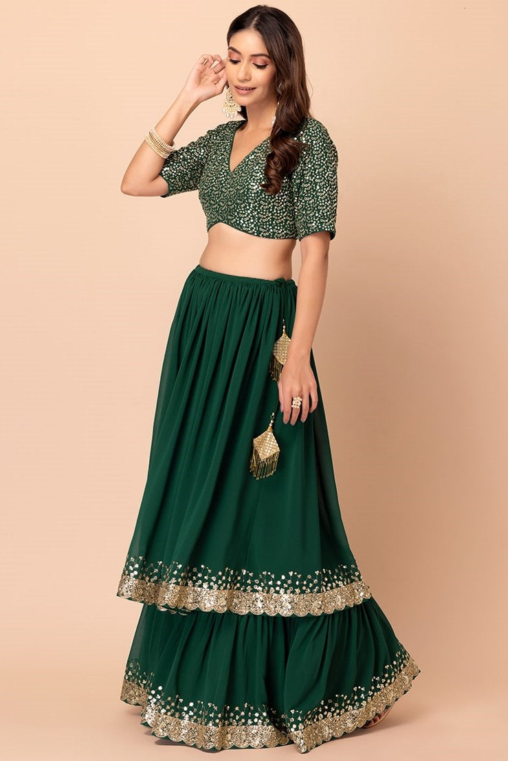 Bottle Green Georgette Ghagra Choli for Women with Zari Work