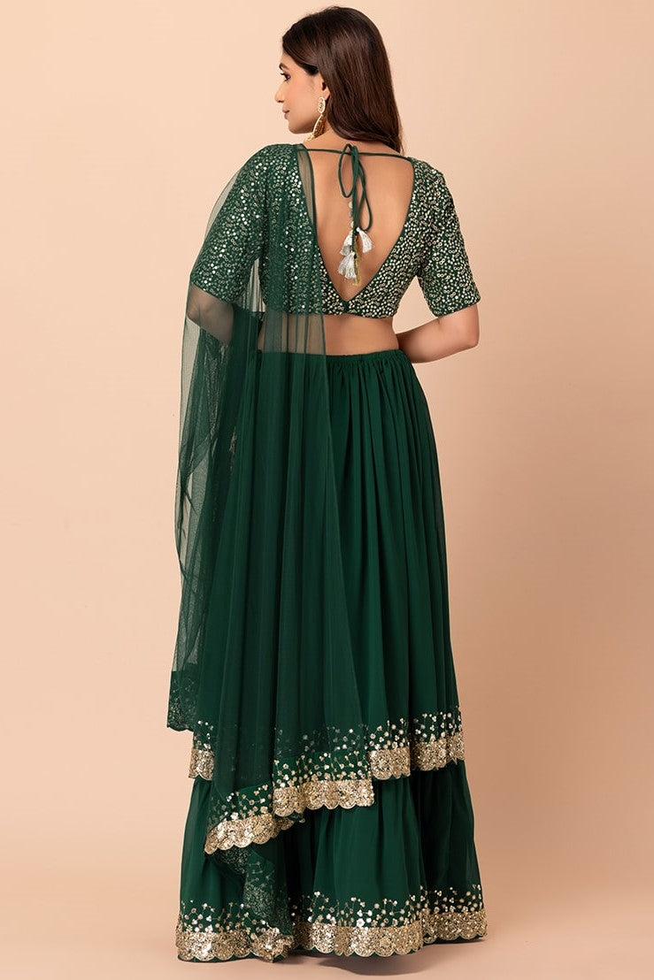 Bottle Green Georgette Ghagra Choli for Women with Zari Work