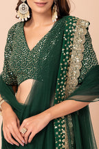 Bottle Green Georgette Ghagra Choli for Women with Zari Work