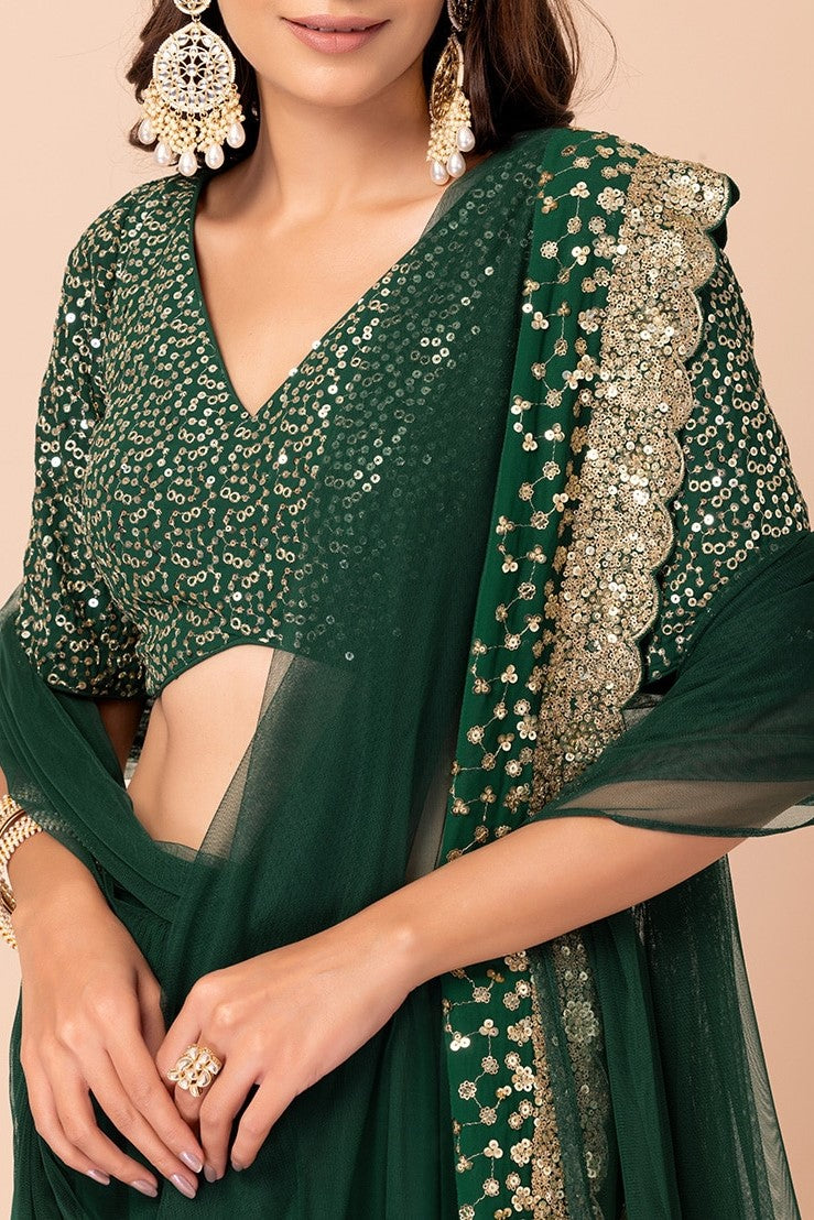 Bottle Green Georgette Ghagra Choli for Women with Zari Work