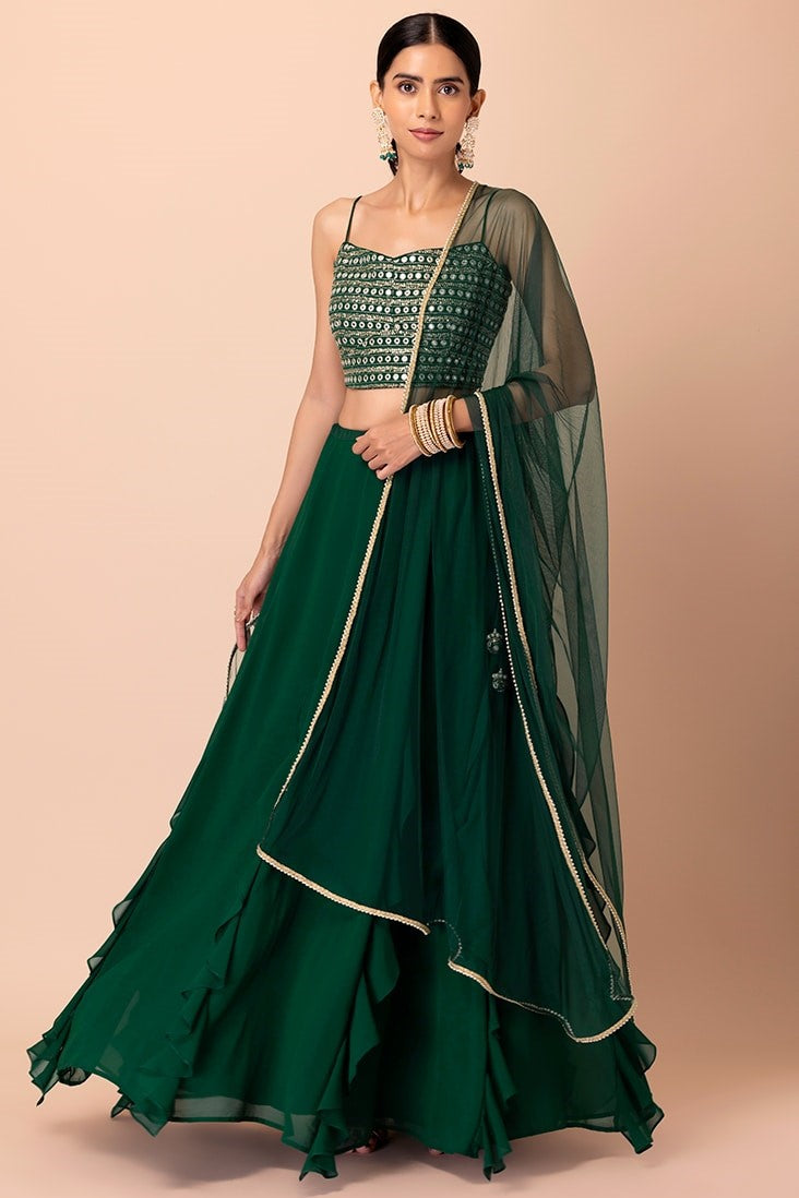 Green Georgette Ghagra Choli for Women with Zari and Sequin Work