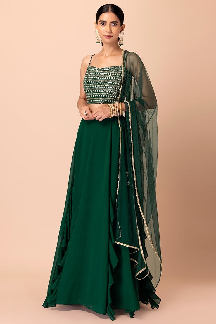 Green Georgette Ghagra Choli for Women with Zari and Sequin Work
