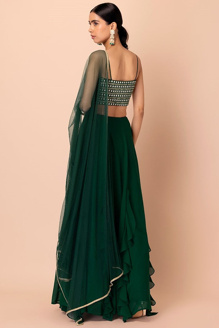 Green Georgette Ghagra Choli for Women with Zari and Sequin Work