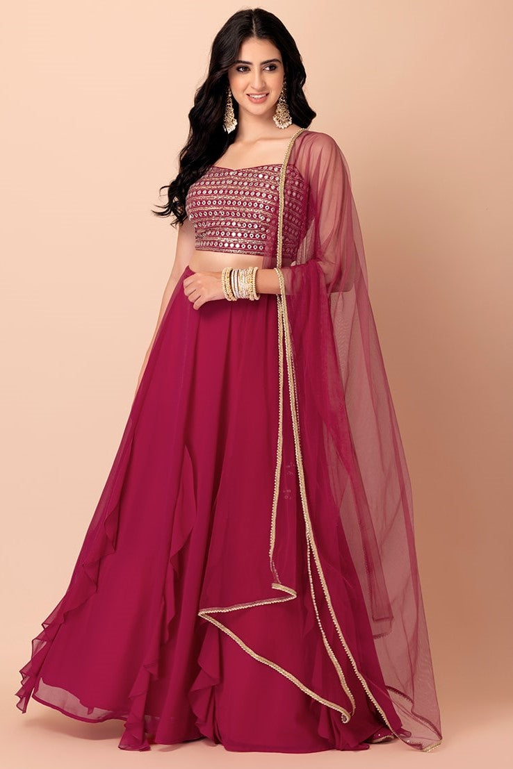 Pink Georgette Ghagra Choli for Women with Zari Work