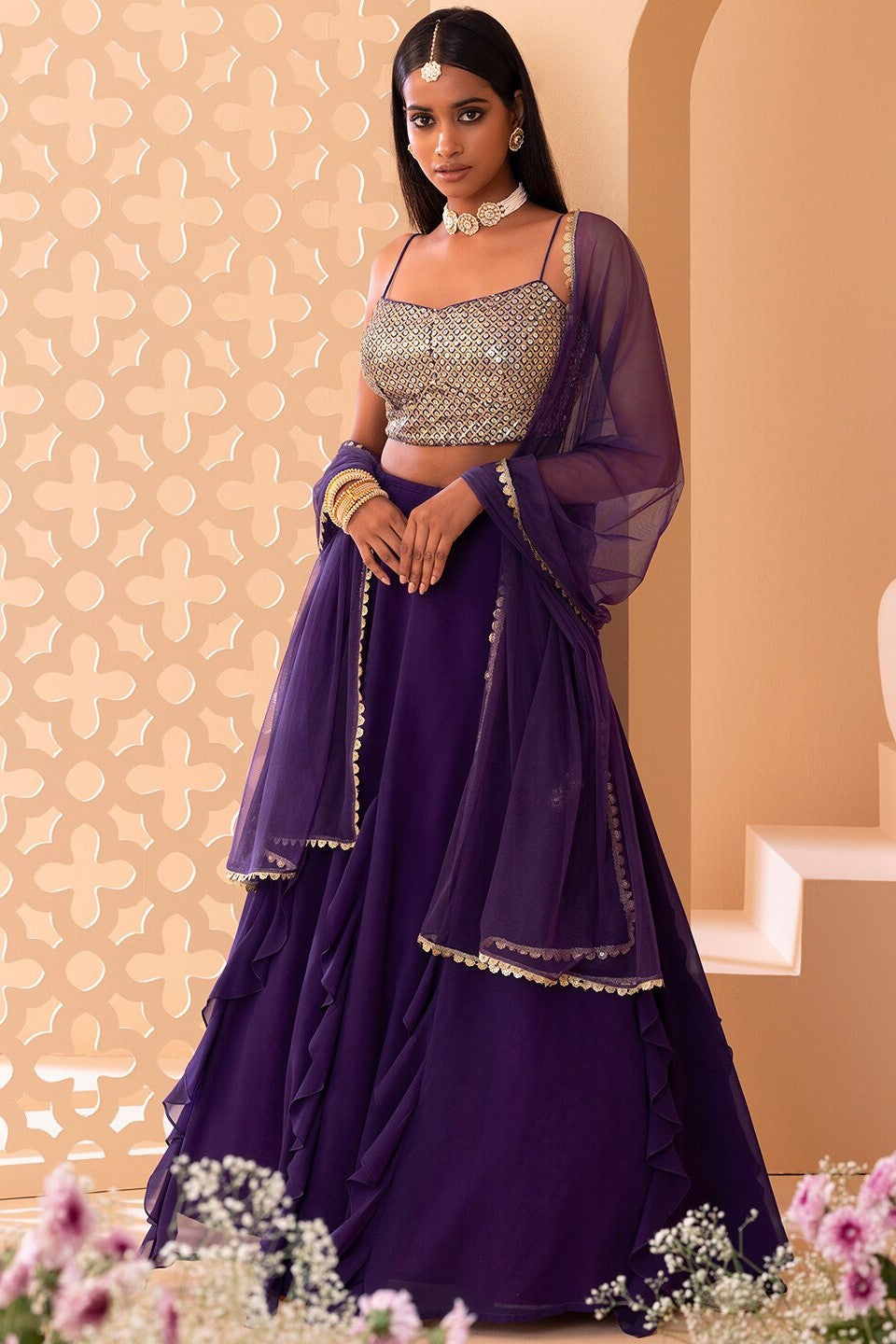 Purple Georgette Ghagra Choli for Women with Zari and Sequin Work