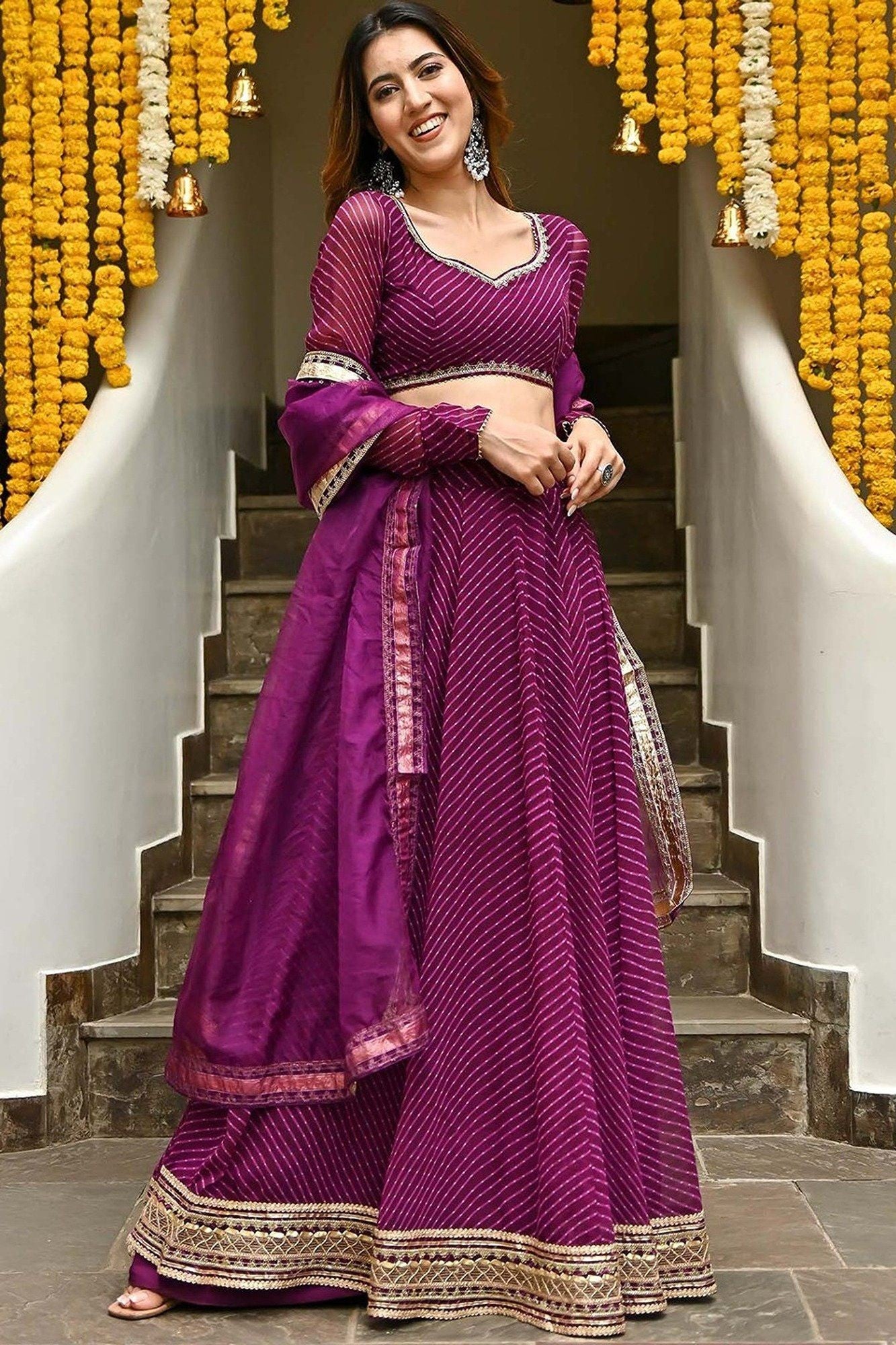 Purple Georgette Leriya Print Lehenga Choli For Indian & Pakistani Wedding Festival - Print Work, Zari Work