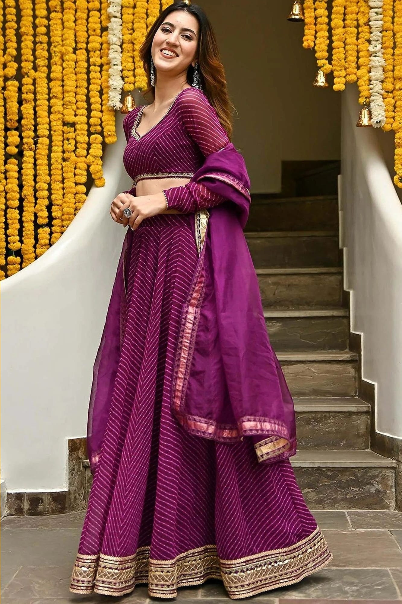 Purple Georgette Leriya Print Lehenga Choli For Indian & Pakistani Wedding Festival - Print Work, Zari Work