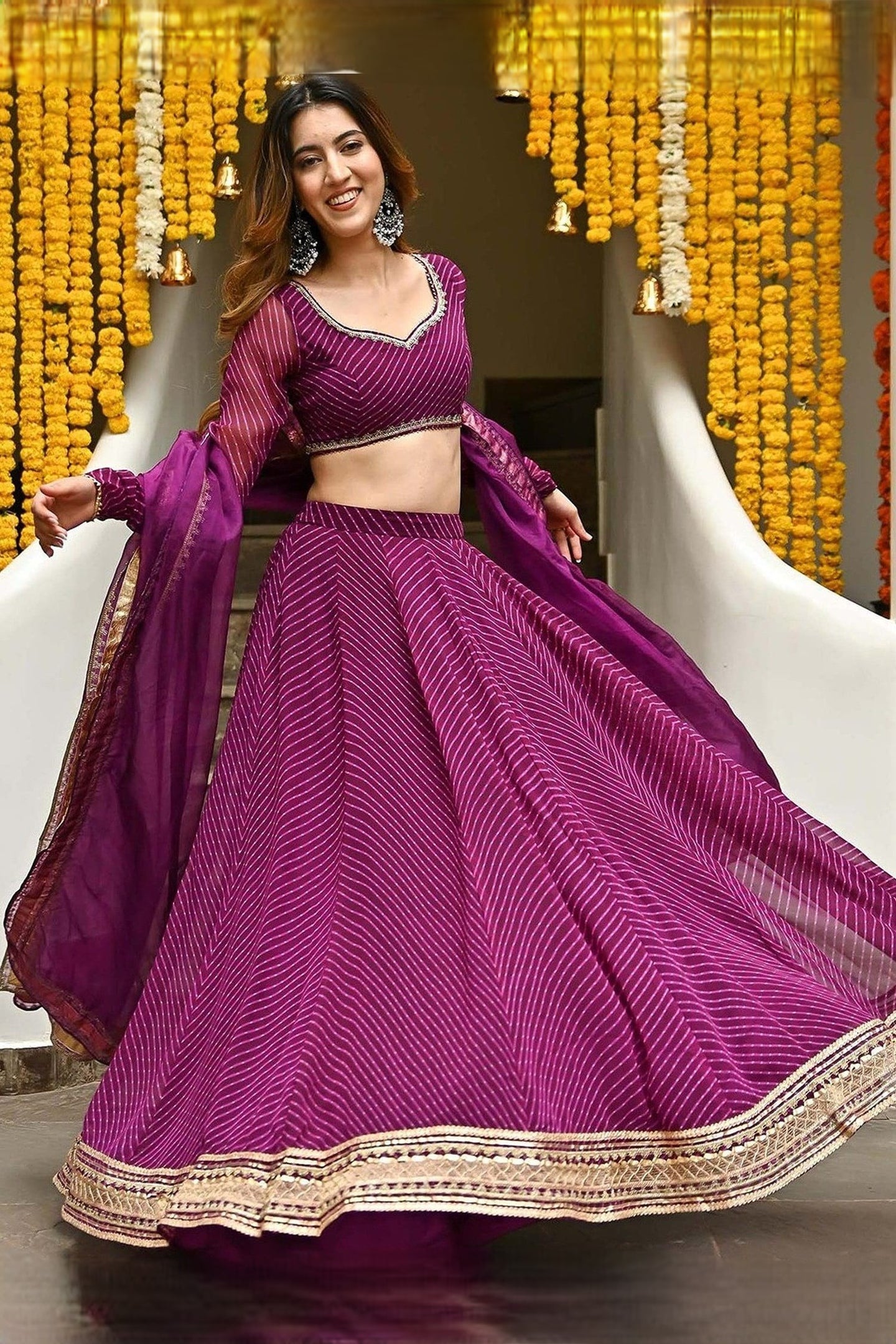 Purple Georgette Leriya Print Lehenga Choli For Indian & Pakistani Wedding Festival - Print Work, Zari Work