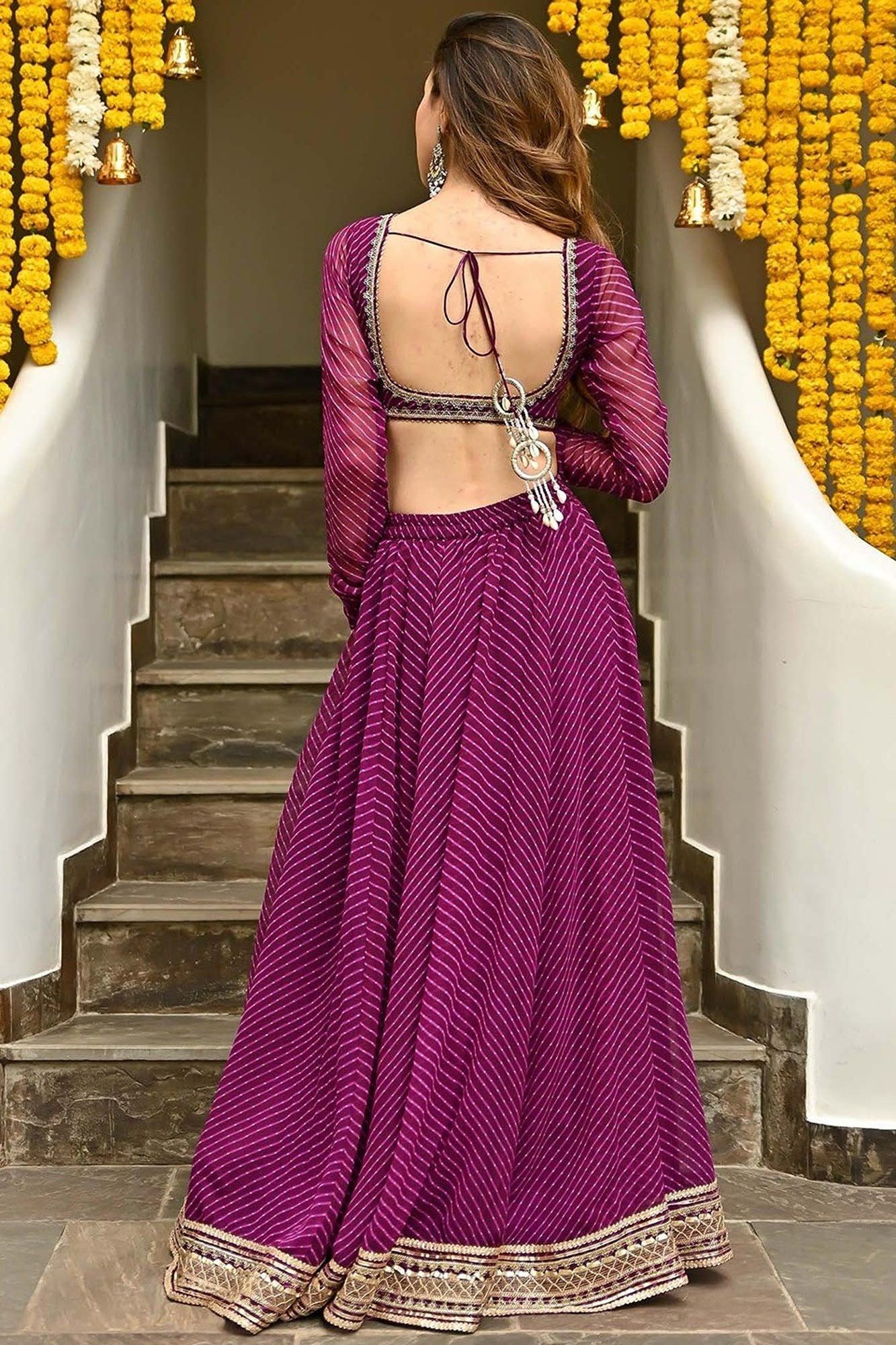 Purple Georgette Leriya Print Lehenga Choli For Indian & Pakistani Wedding Festival - Print Work, Zari Work