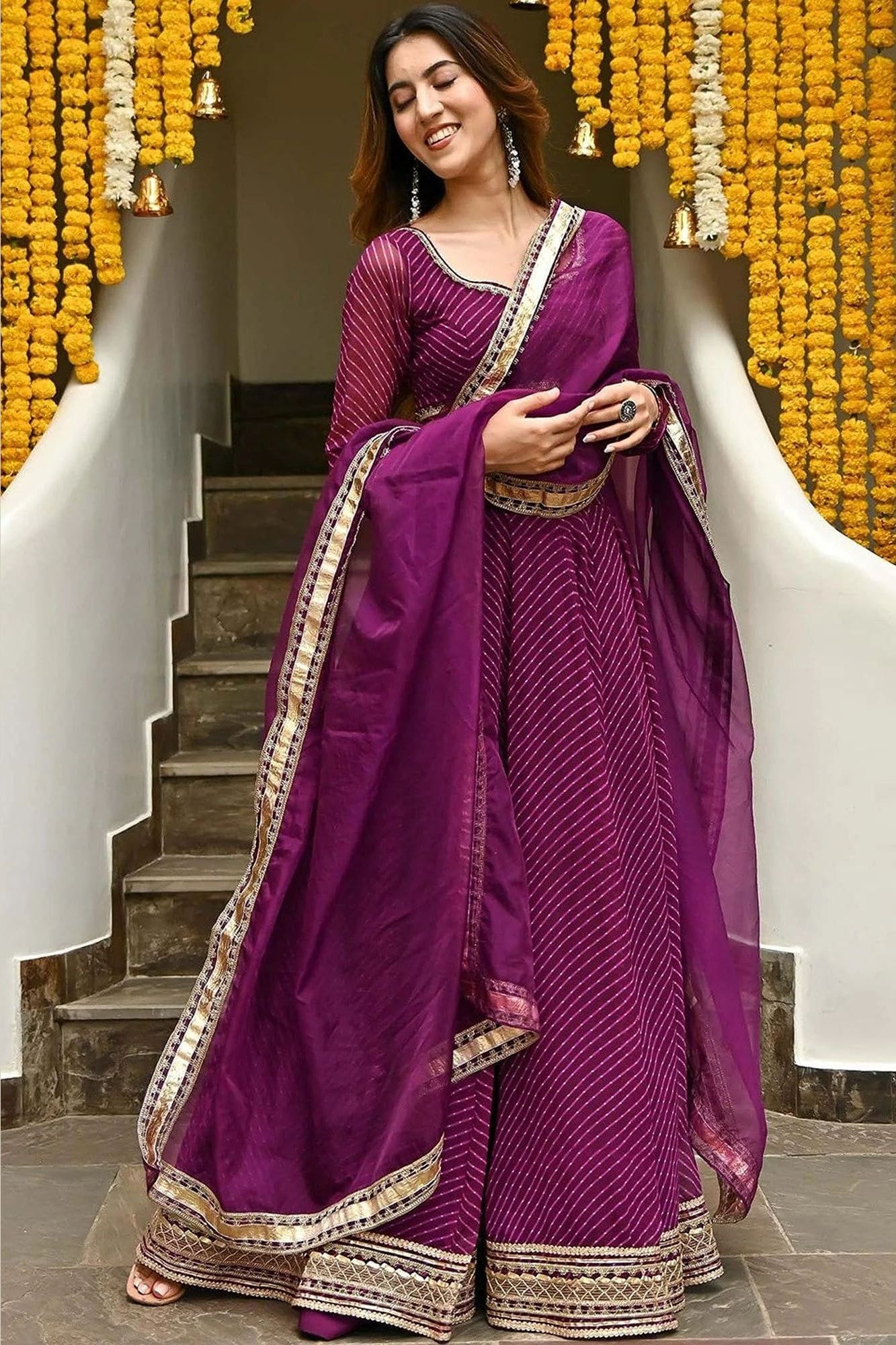 Purple Georgette Leriya Print Lehenga Choli For Indian & Pakistani Wedding Festival - Print Work, Zari Work