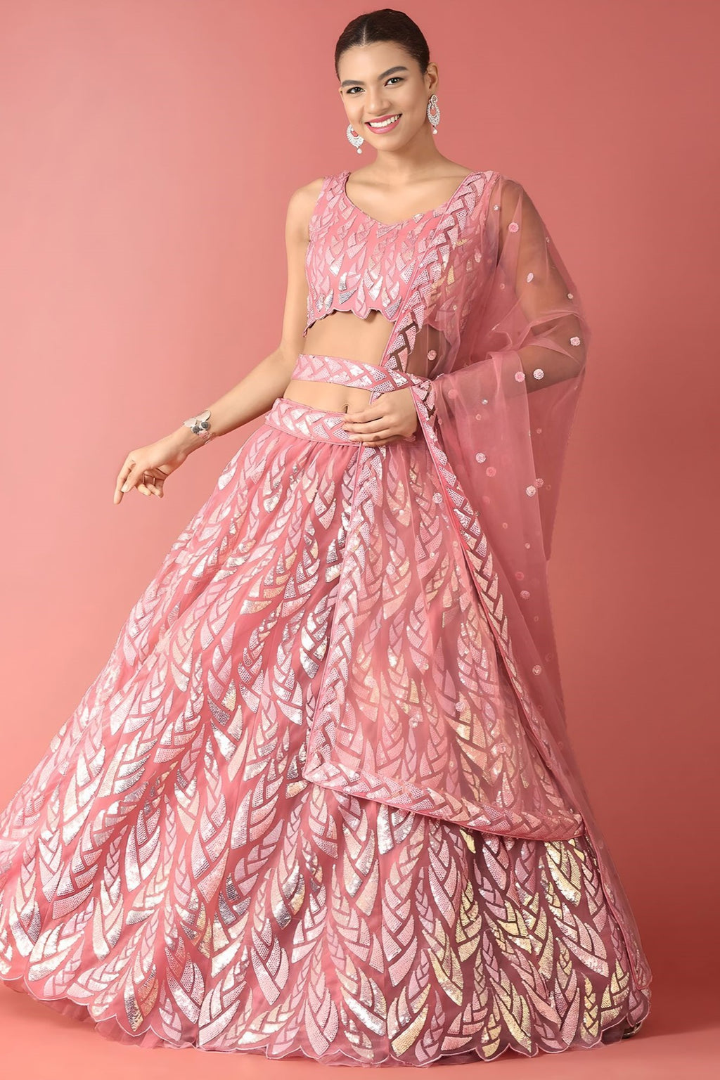 Pink Net Reception Lehenga Choli with Thread and Sequins Embroidery