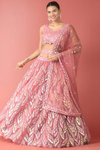 Pink Net Reception Lehenga Choli with Thread and Sequins Embroidery