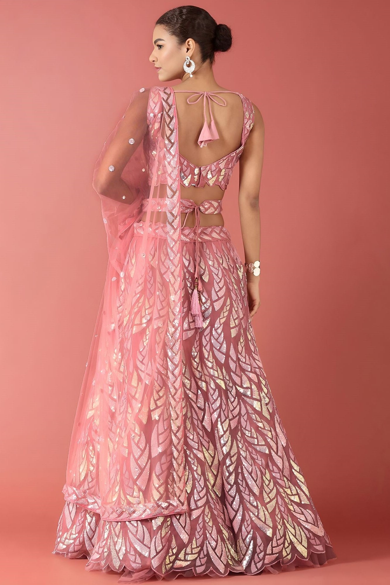 Pink Net Reception Lehenga Choli with Thread and Sequins Embroidery