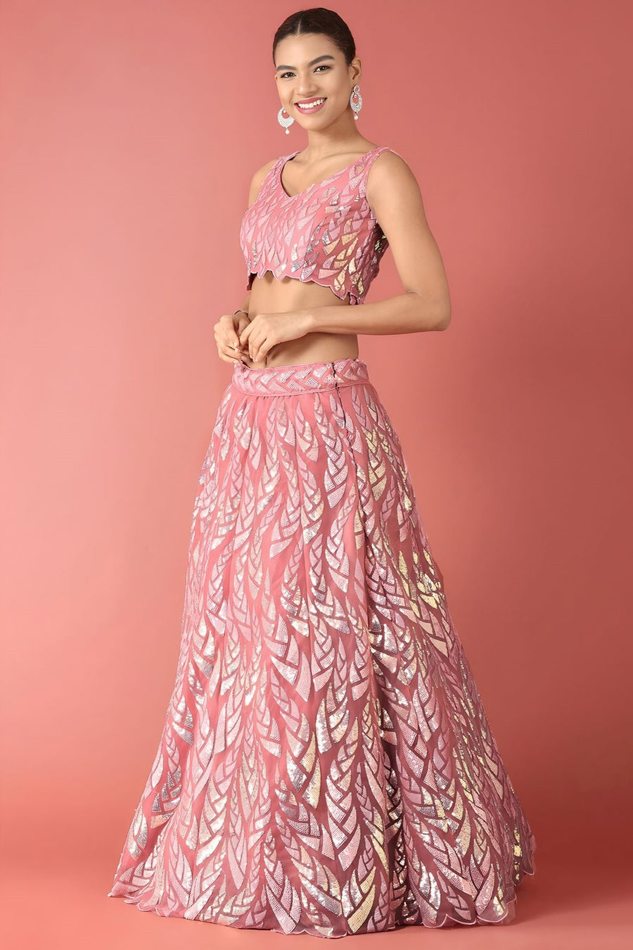 Pink Net Reception Lehenga Choli with Thread and Sequins Embroidery