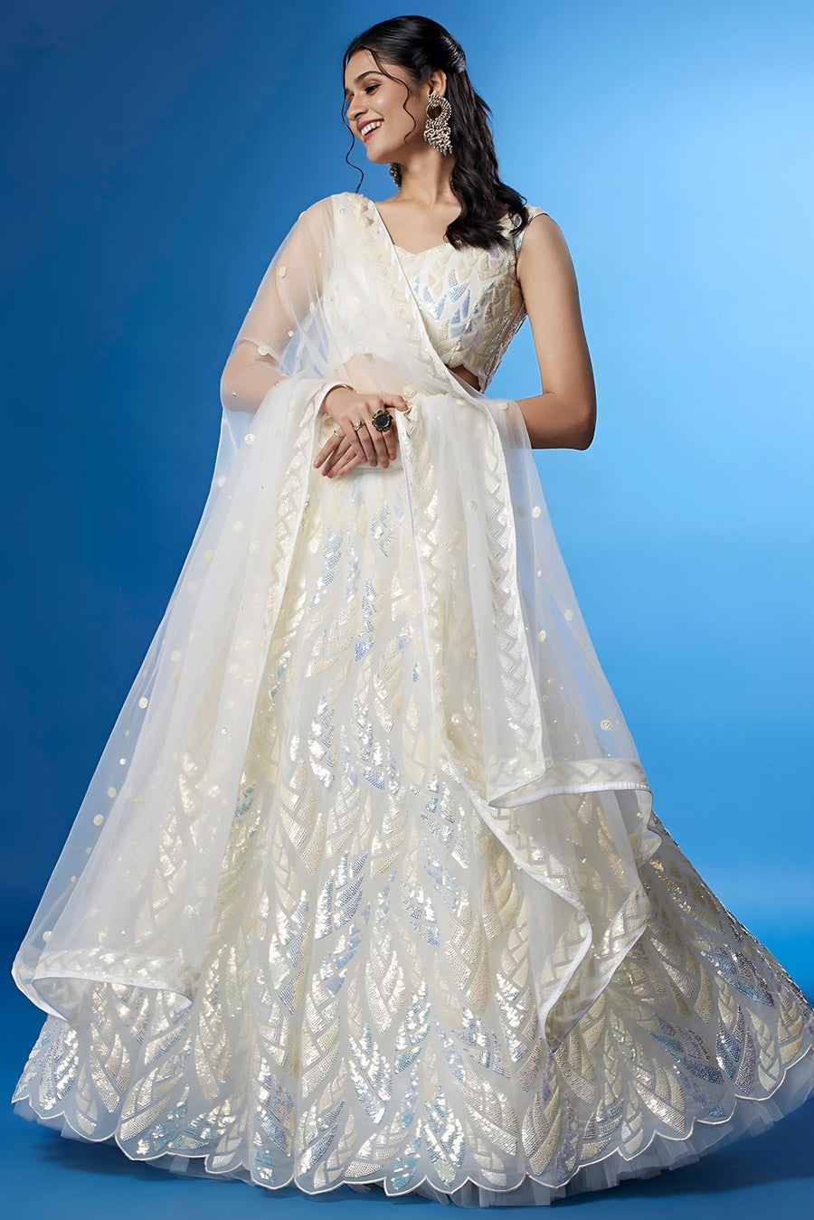 White Net Reception Lehenga Choli with Thread and Sequins Embroidery