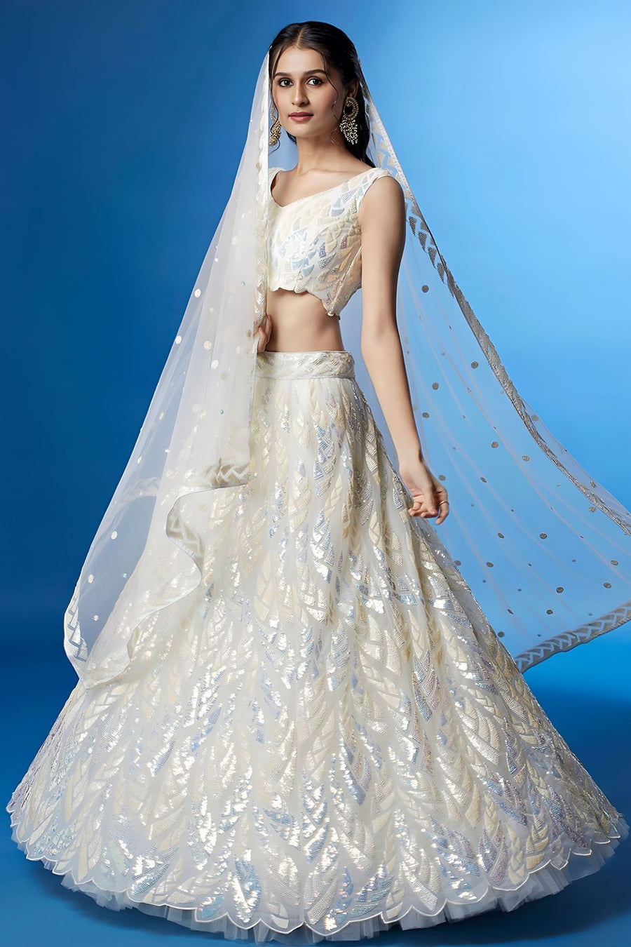 White Net Reception Lehenga Choli with Thread and Sequins Embroidery