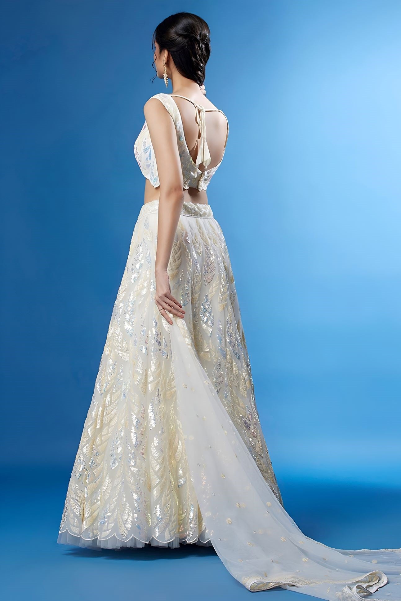 White Net Reception Lehenga Choli with Thread and Sequins Embroidery