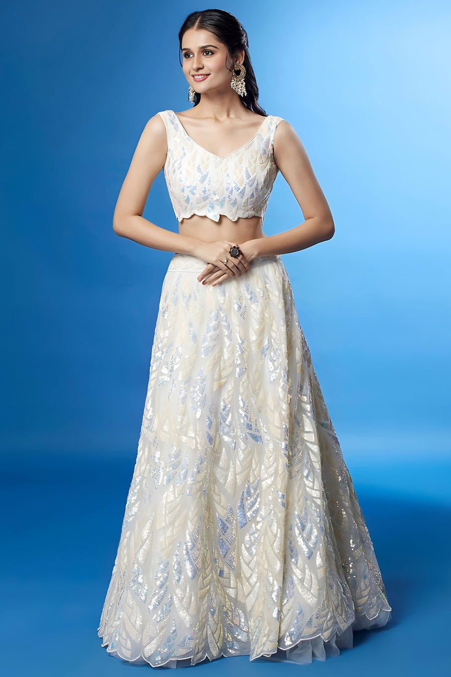 White Net Reception Lehenga Choli with Thread and Sequins Embroidery