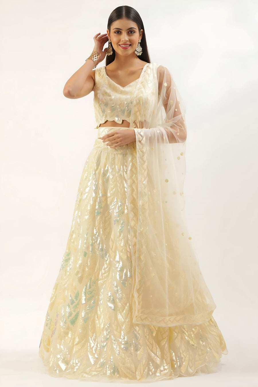 Yellow Net Reception Lehenga Choli with Thread and Sequins Embroidery