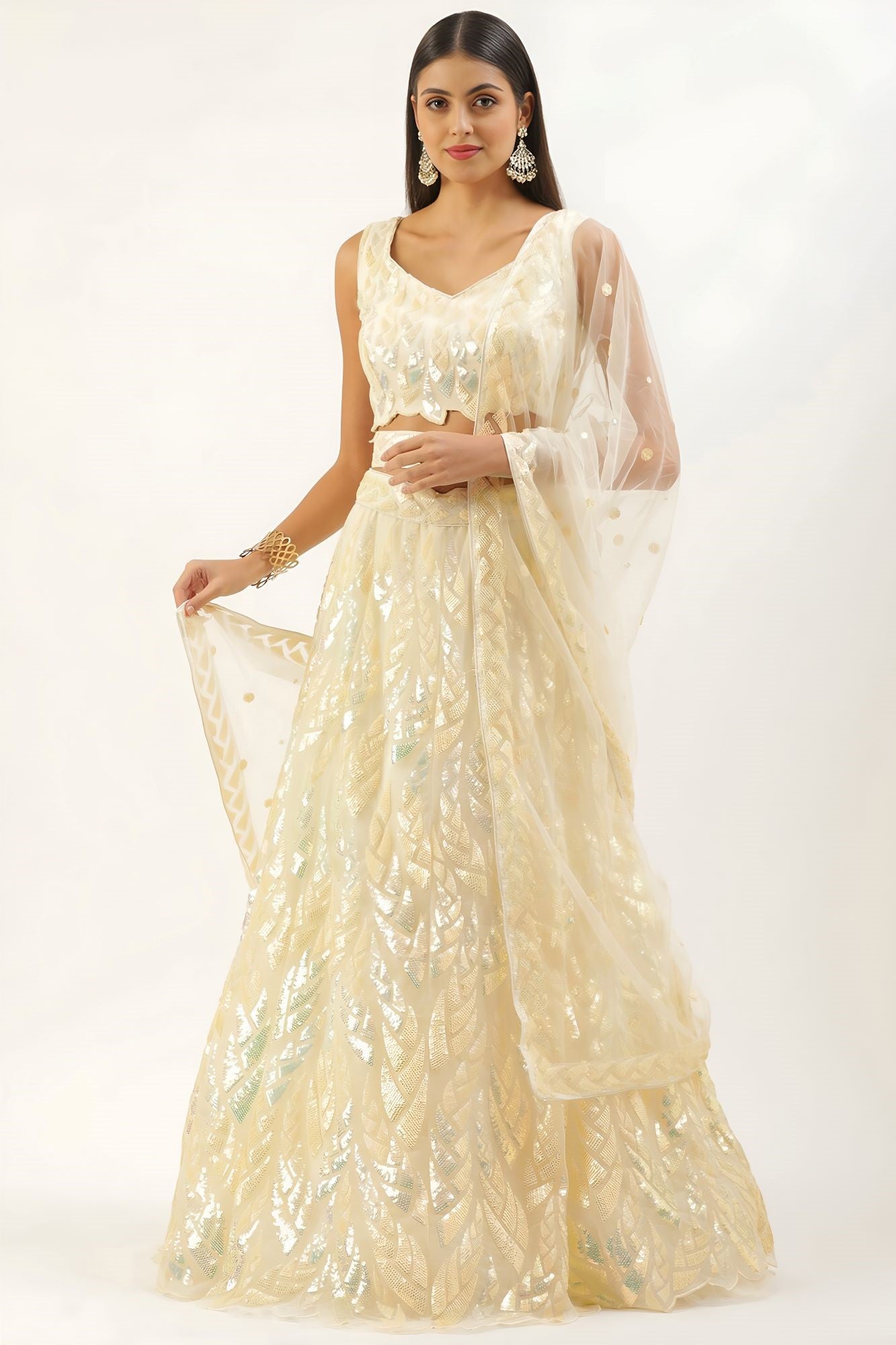 Yellow Net Reception Lehenga Choli with Thread and Sequins Embroidery