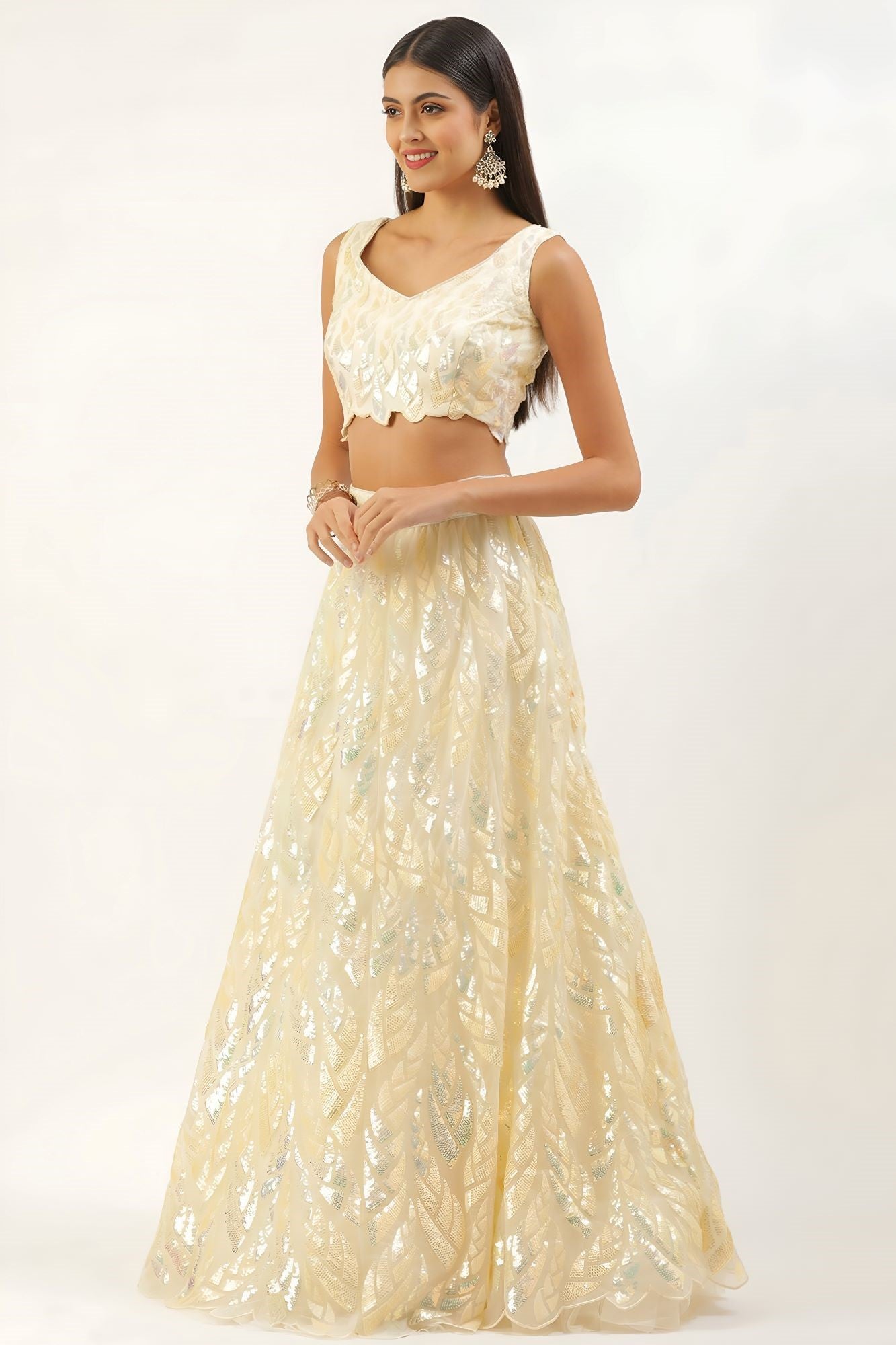 Yellow Net Reception Lehenga Choli with Thread and Sequins Embroidery