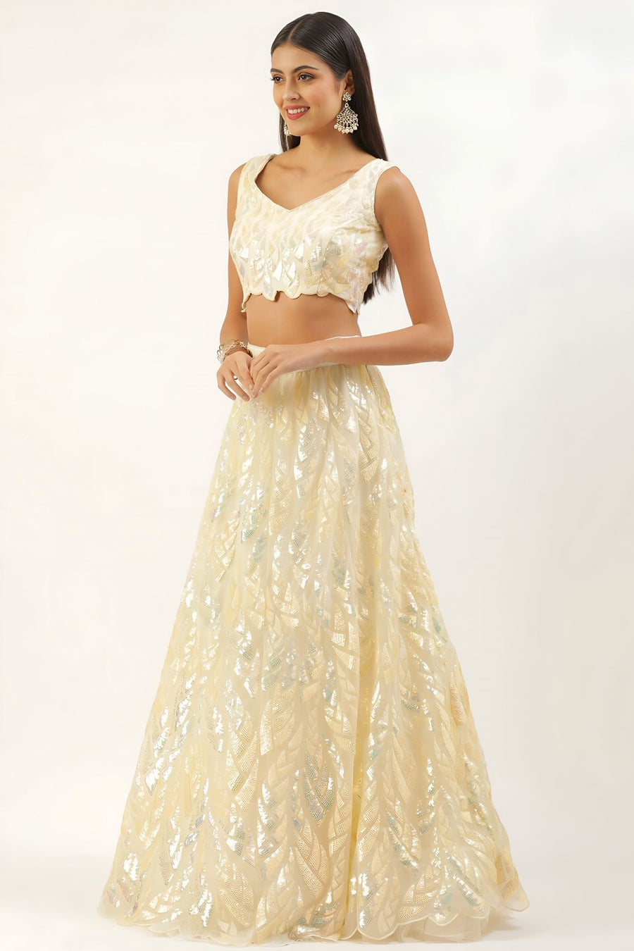 Yellow Net Reception Lehenga Choli with Thread and Sequins Embroidery