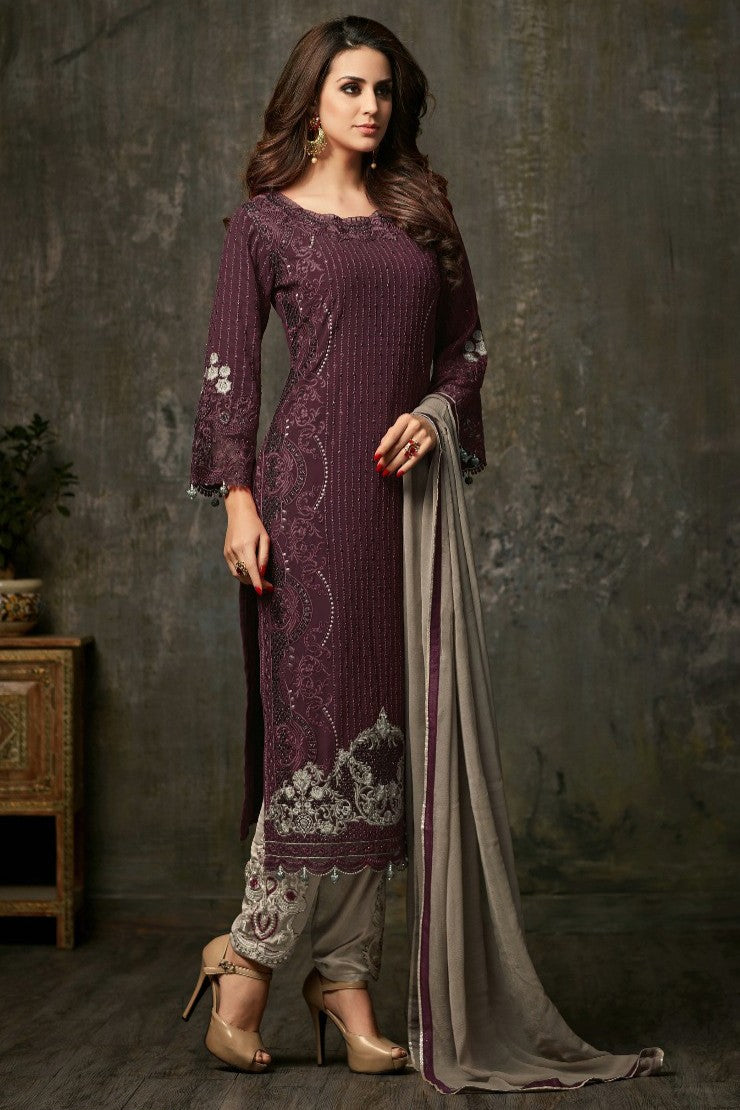 Purple Brown Georgette Kameez With Pant For Wedding & Festival - Embroidery Work 1600 RTS