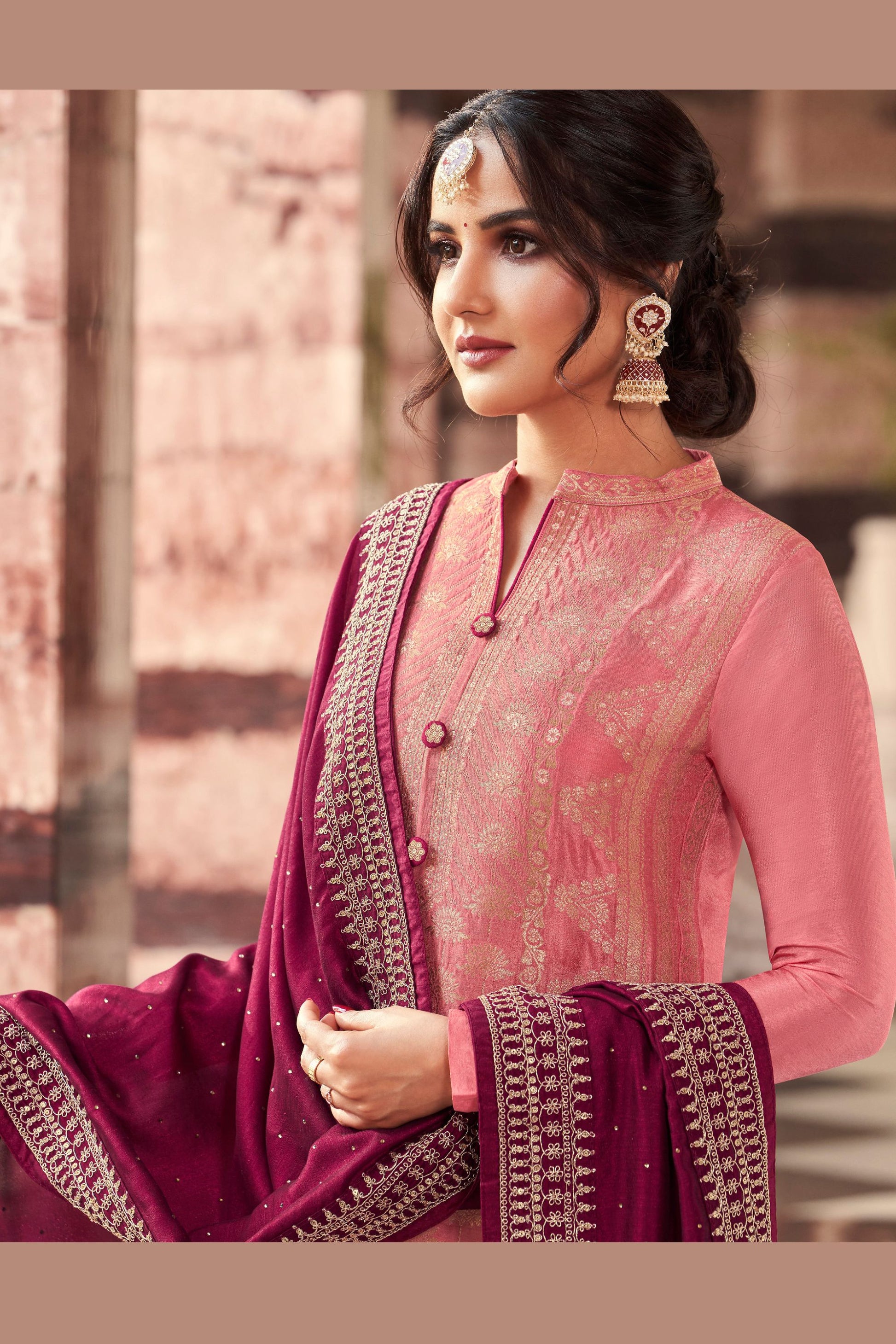 Baby Pink Jacquard Silk Kameez With Pant For Indian Suit Festivals & Pakistani Weddings Dress - Embroidery Work