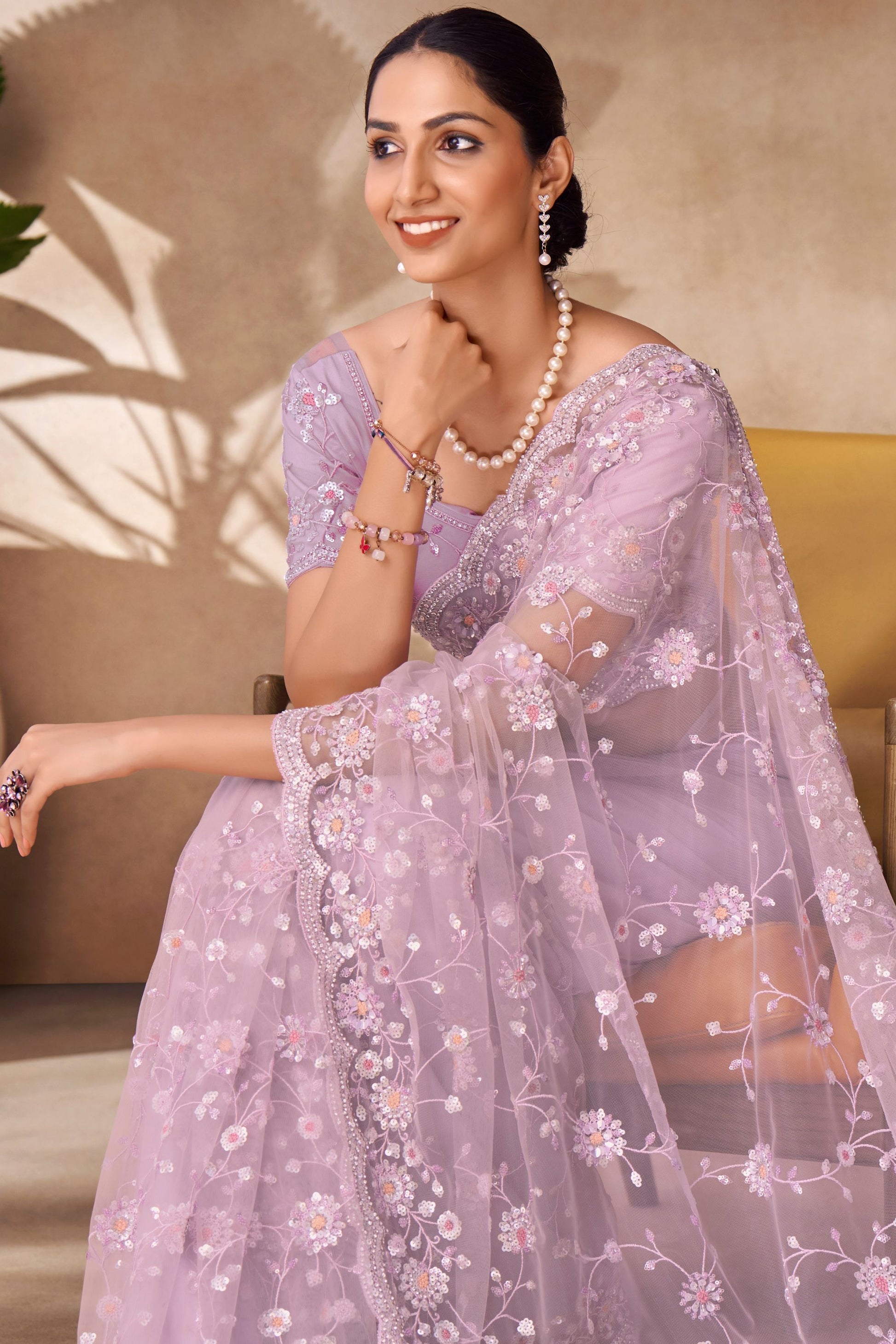 Lilac Net Indian Saree with Blouse for Festival & Weddings - Sequence Embroidery Work, Thread Embroidery Work, Zarkan Work