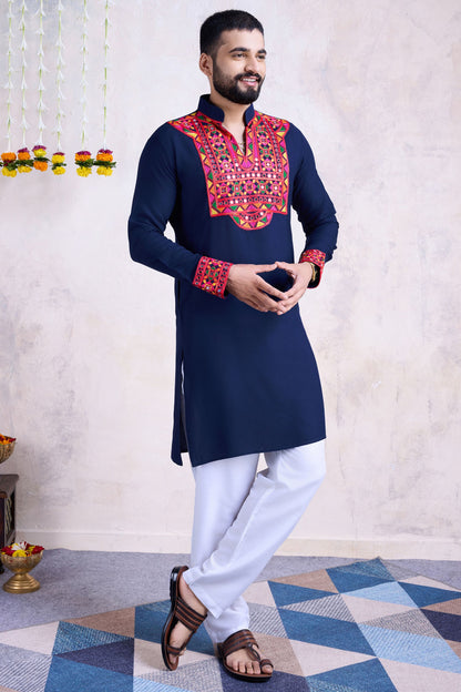 Navy Blue Rayon Kurta Pyjama for Men For Navratri Garba Festivals - Embroidery Work, Real Mirror Work