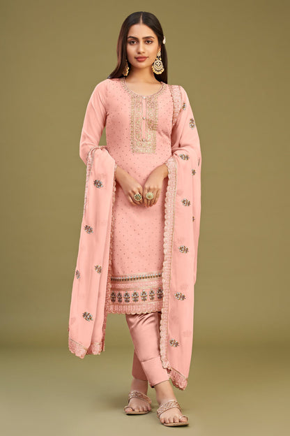 Peach Georgette Plus Size Upto 7XL Size Salwar Kameez For Indian Festivals & Pakistani Weddings - Thread Embroidery Work, Swarovski Work