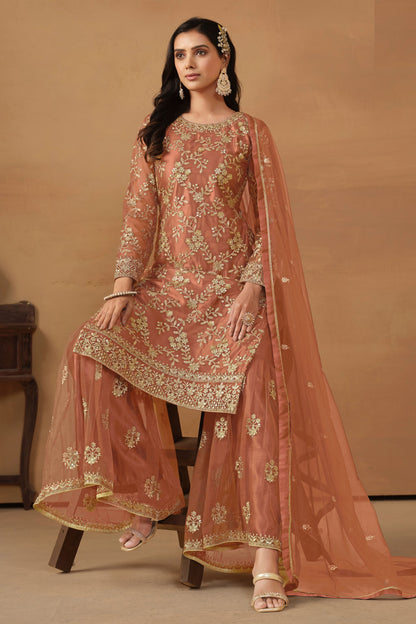 Peach Net Sharara Suit Dress For Indian Festivals & Weddings - Thread & Sequence Embroidery Work