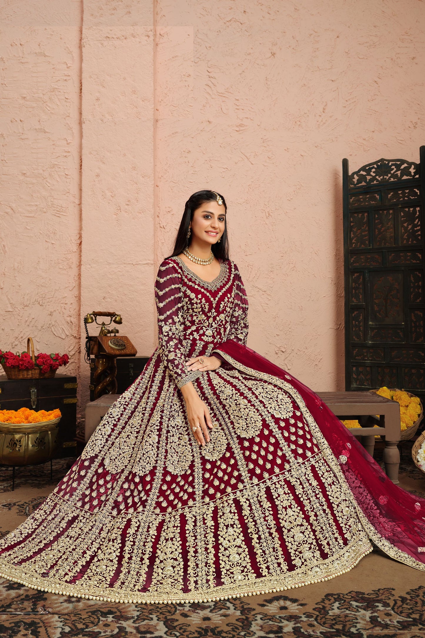 Dark Pink Net Full Floor Length Anarkali Dress For Indian Festivals & Weddings - Embroidery Work