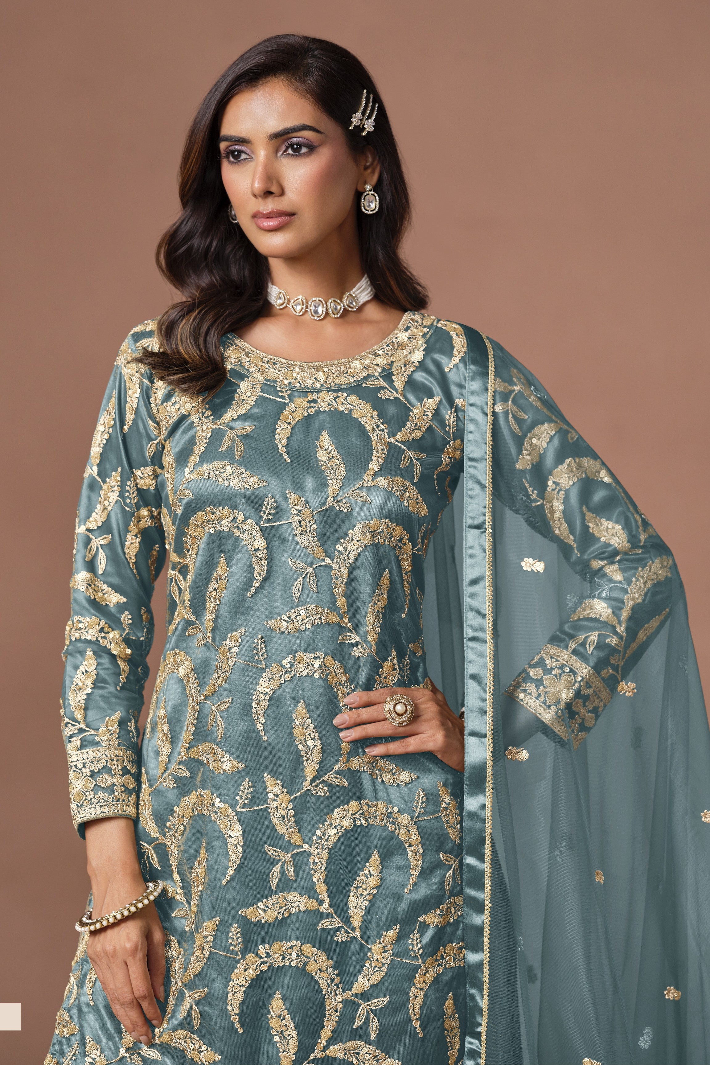 Sky Blue Sharara Suit Style Indian Outfit for Wedding Reception