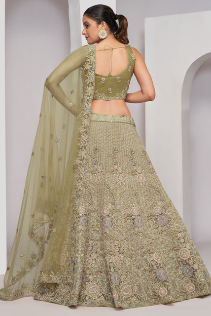 Olive Green Soft Net Lehenga Choli For Indian Festivals & Weddings - Sequins Work, Dori Work, Zarkan Work