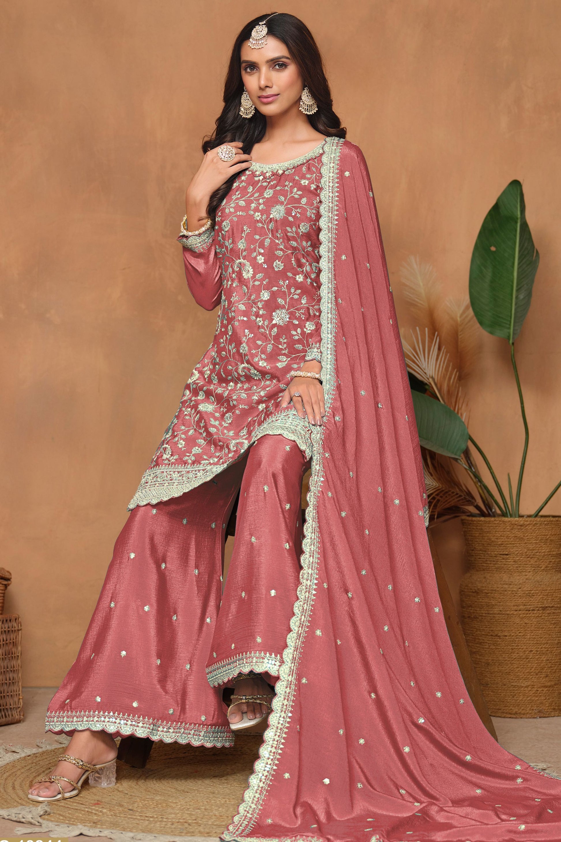 Hot Pink Chinon Silk Palazzo Suit For Indian Festivals & Weddings - Embroidery Work