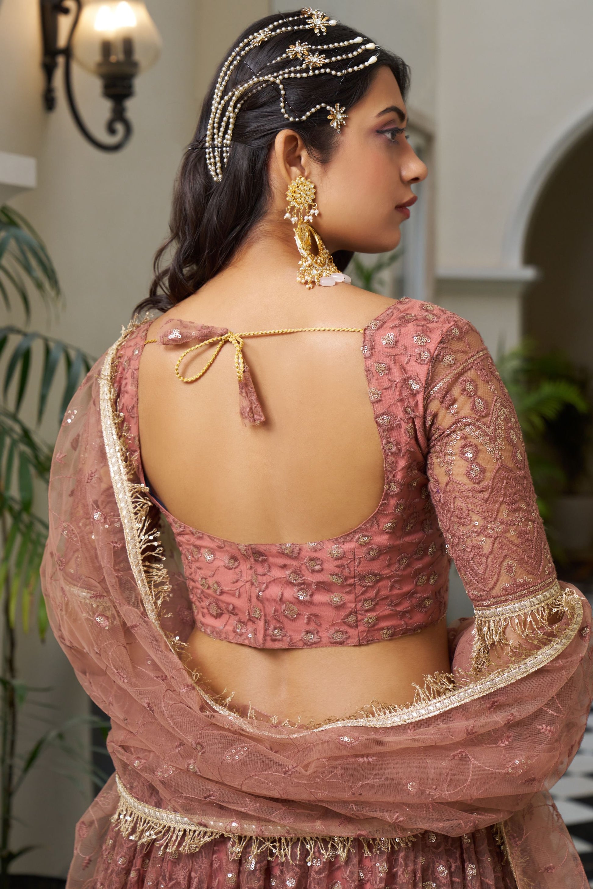 Peach Net Embroidered Lehenga Choli For Indian Festival & Weddings - Embroidery Work