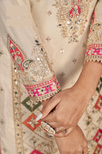 Cream Chinon Silk Salwar Kameez with Dhoti Tulip for Indian Festival & Pakistani Wedding - Sequence Embroidery Work, Dori Work, Print Work, Mirror Work