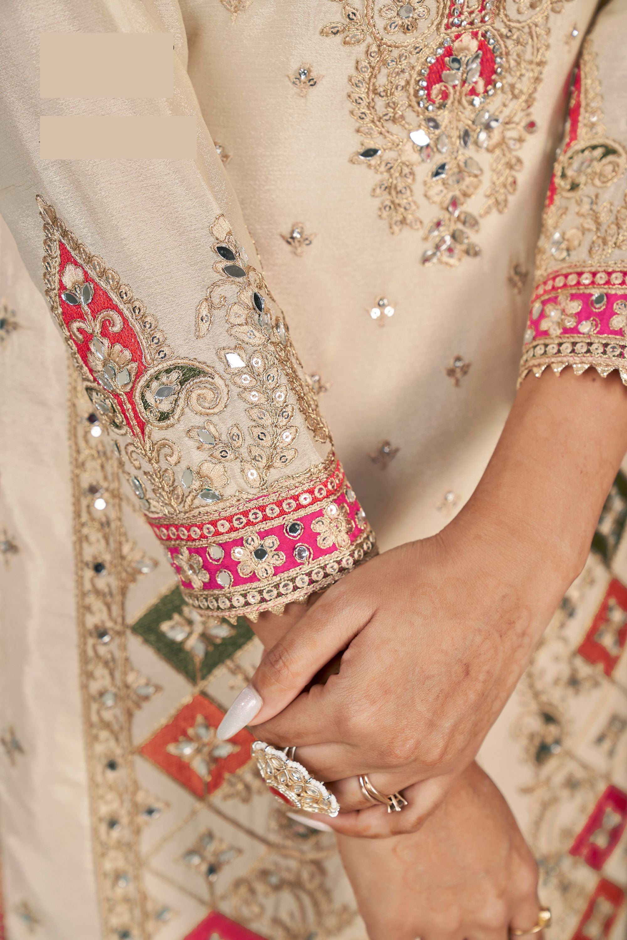 Cream Chinon Silk Salwar Kameez with Dhoti Tulip for Indian Festival & Pakistani Wedding - Sequence Embroidery Work, Dori Work, Print Work, Mirror Work