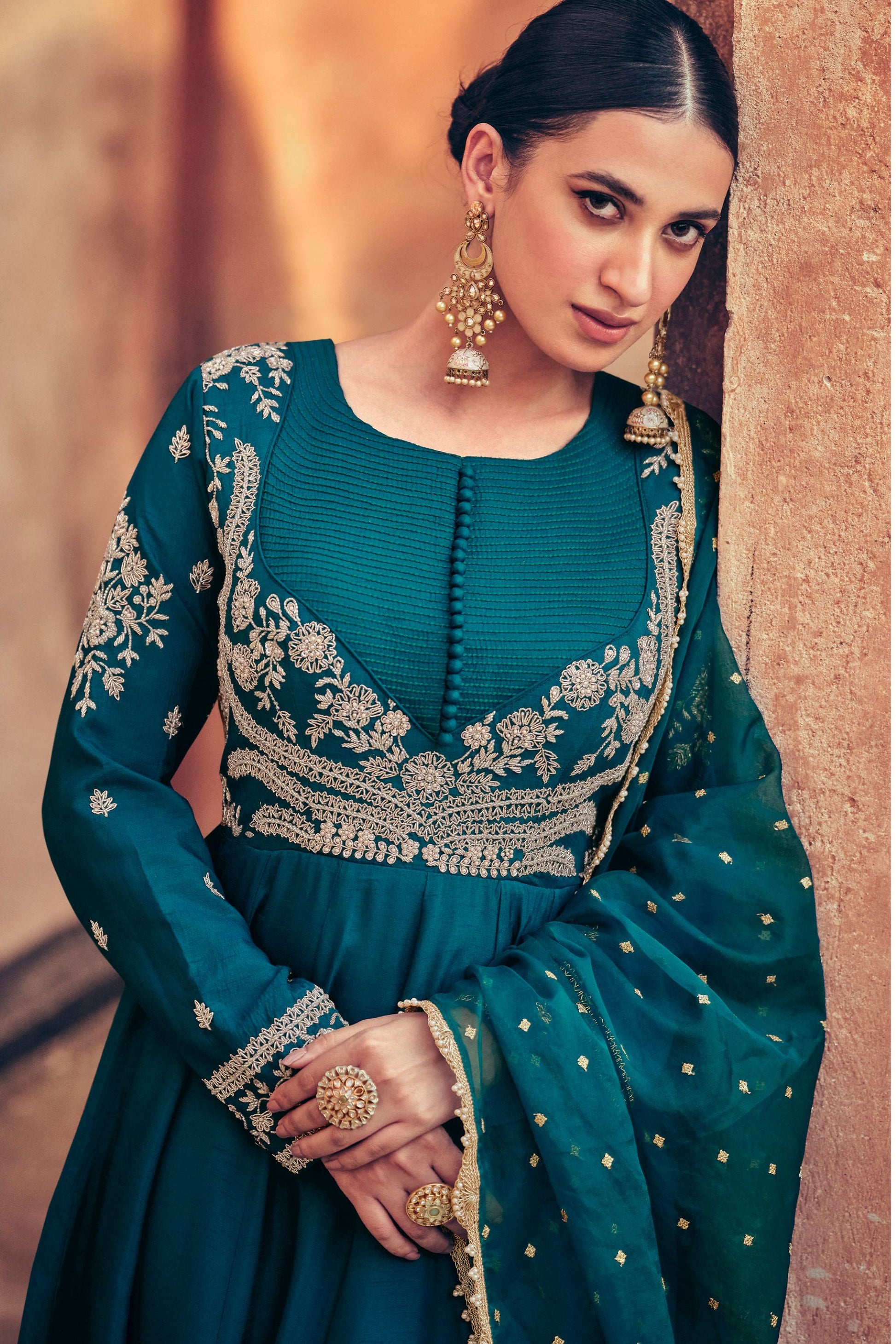 Teal Silk Georgette Floor Full Length Embroidered Anarkali Gown For Indian Festivals & Pakistani Weddings - Embroidery Work