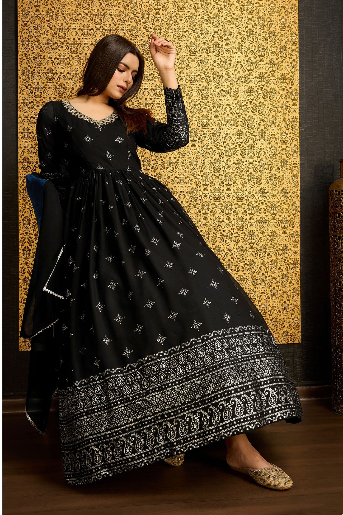 Black Georgette Anarkali Suit For Indian Festivals & Weddings - Metallic Foil Work