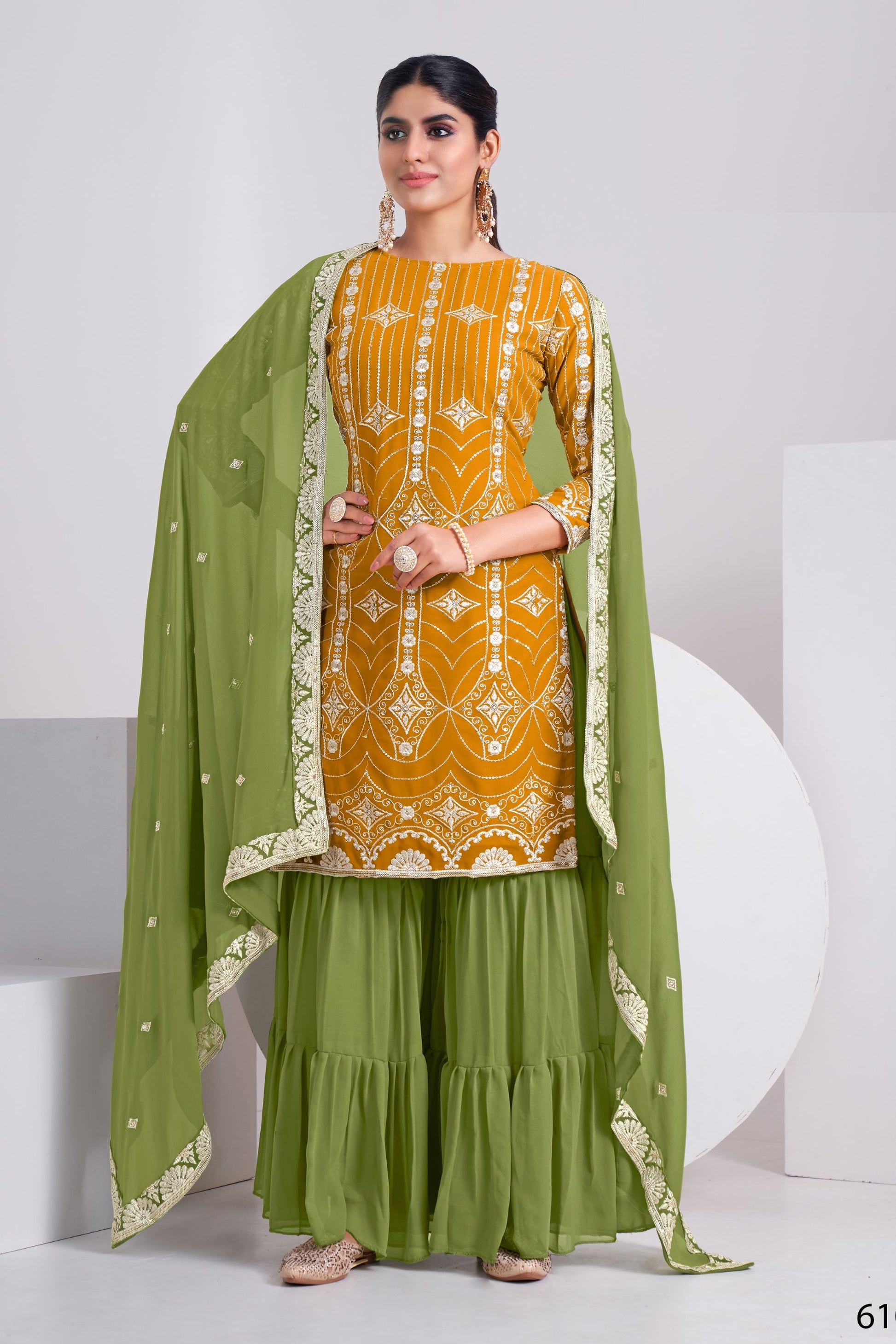 Yellow Pakistani Georgette Sharara For Indian Festivals & Weddings - Sequence Embroidery Work, Thread Embroidery Work,