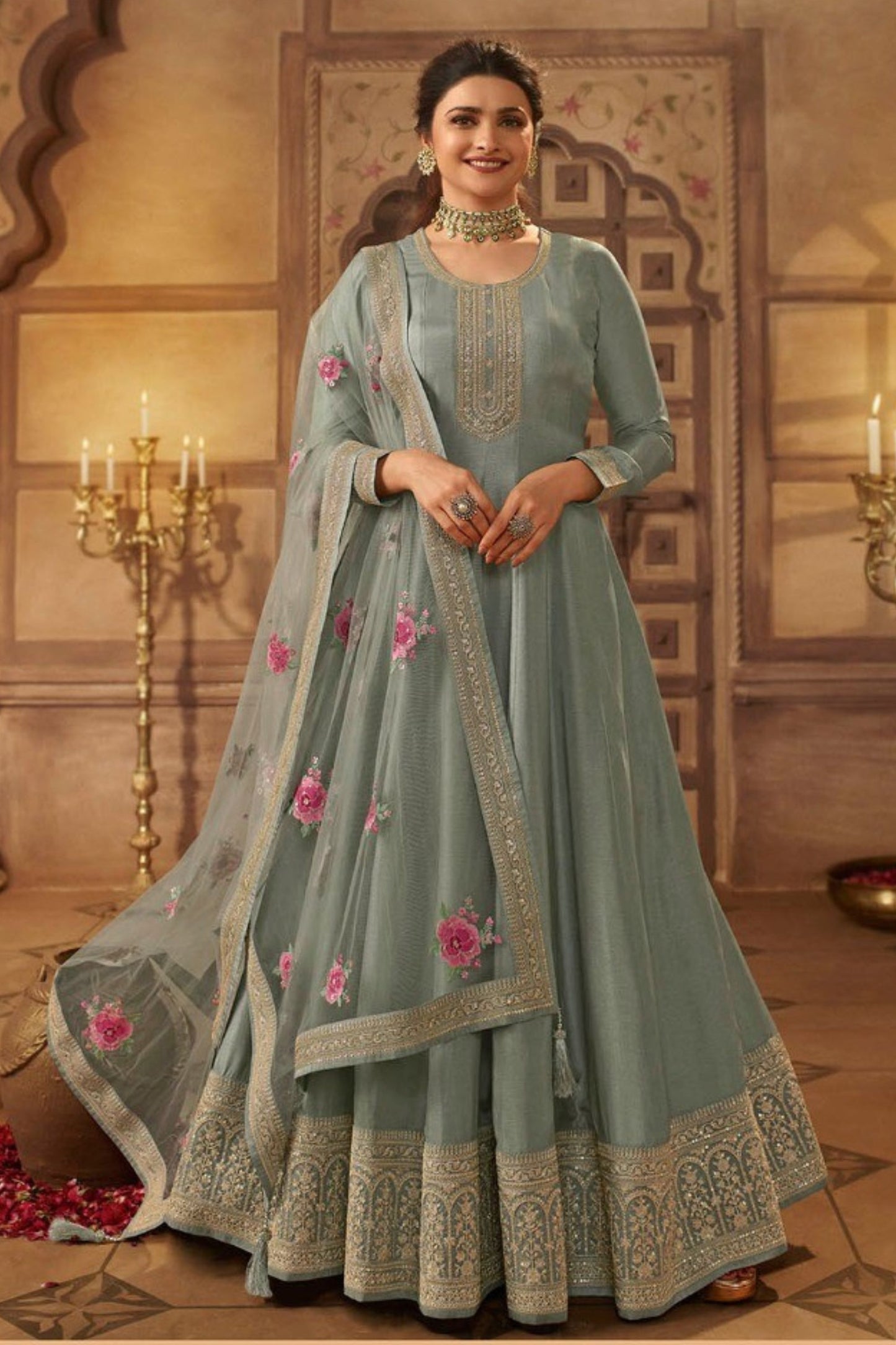 Grey Dola Silk Full Floor Length Anarkali Suit For Indian Festivals & Pakistani Wedding - Embroidery Work