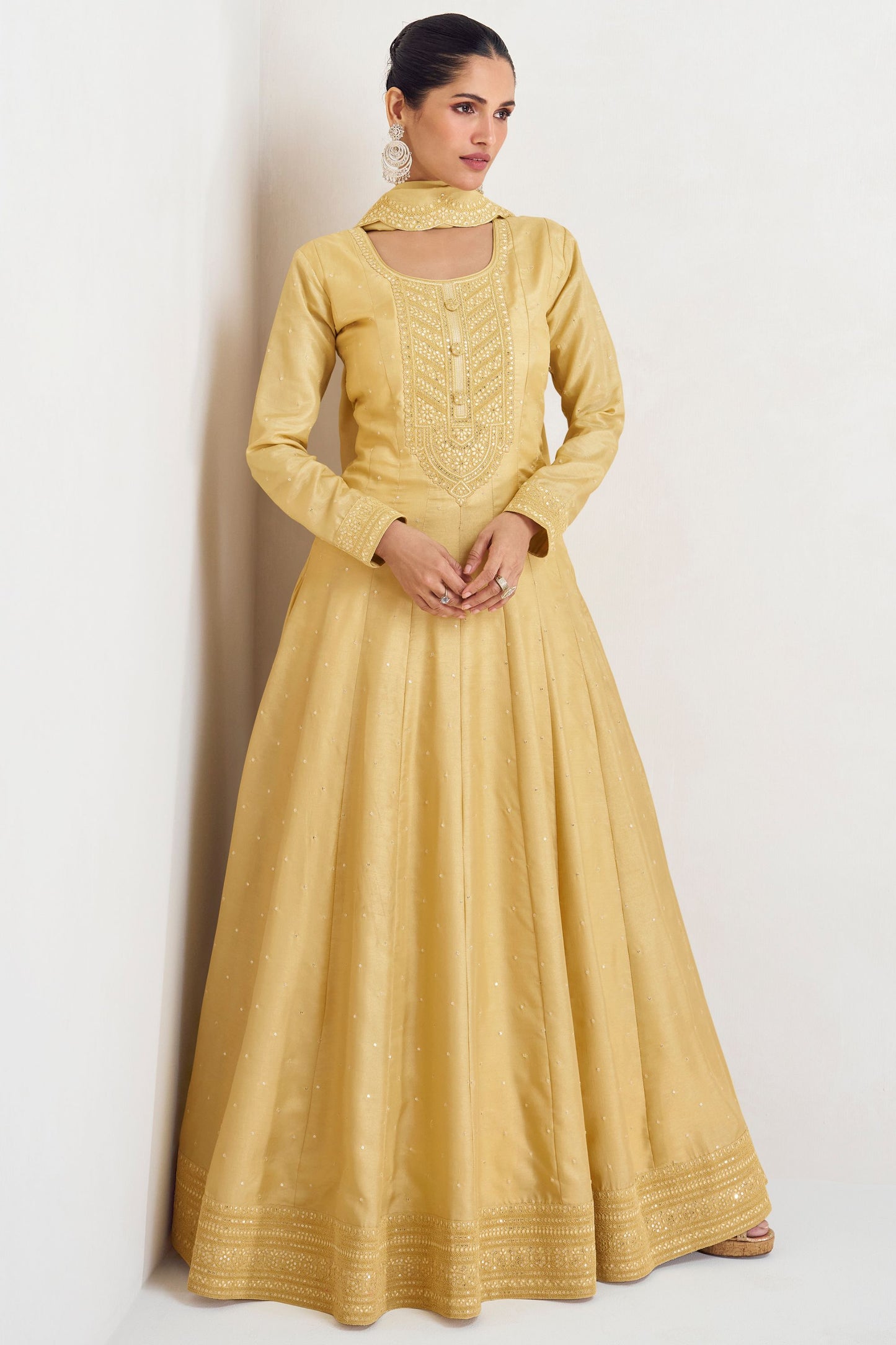 Mustard Silk Anarkali Gown Suit For Indian Festivals & Weddings - Embroidery Work