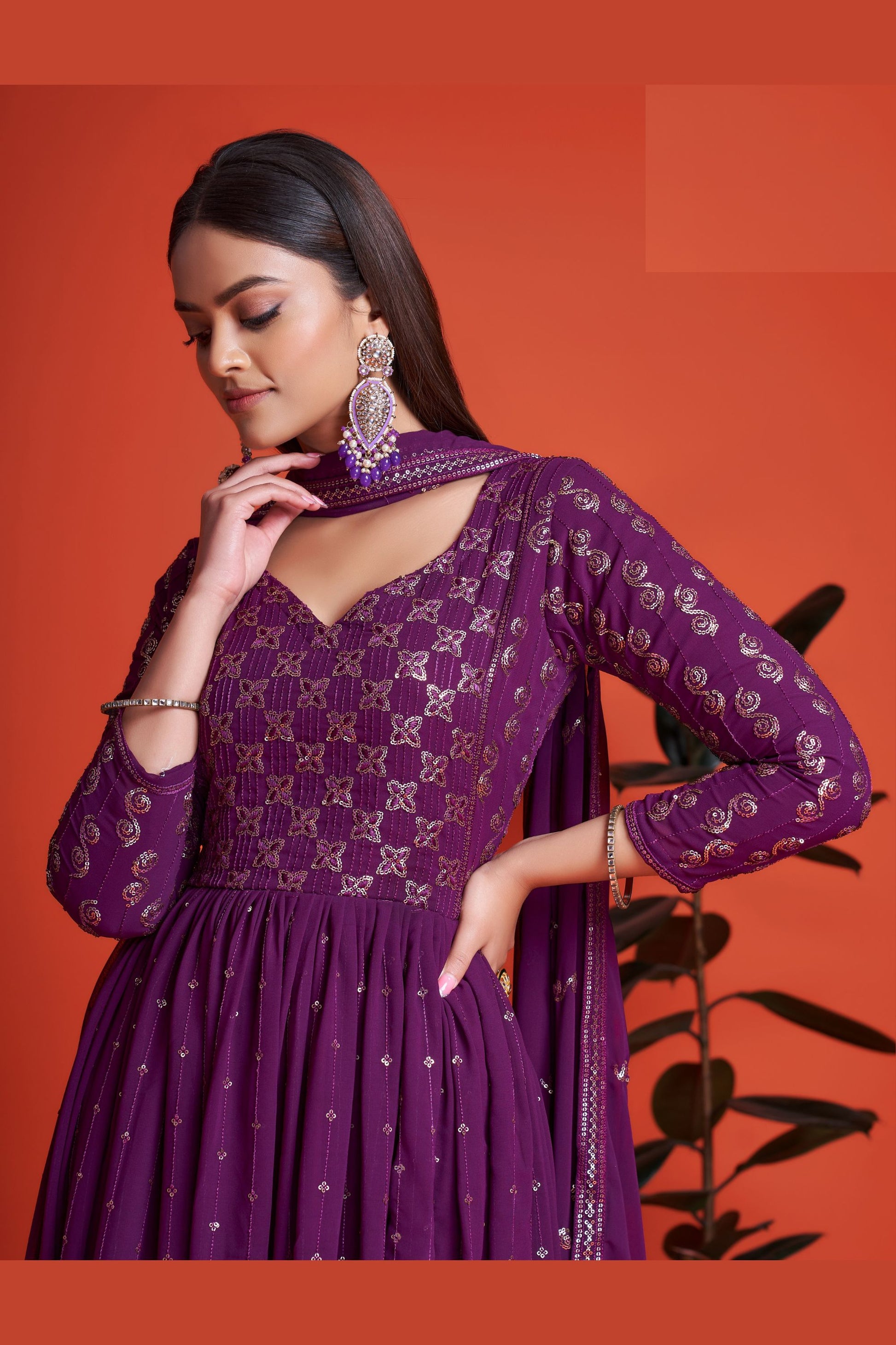 Purple Pakistani Georgette Anarkali Gown For Indian Festivals & Weddings - Sequence Embroidery Work, Thread Embroidery Work,